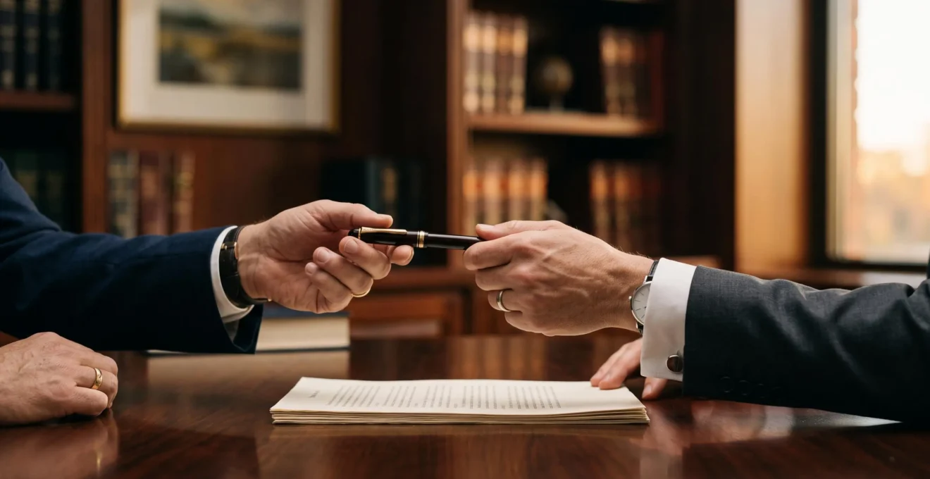 Deux mains échangeant un stylo au-dessus d'un bureau en bois lors de la signature d'un acte de cession de parts sociales