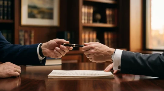 Deux mains échangeant un stylo au-dessus d'un bureau en bois lors de la signature d'un acte de cession de parts sociales