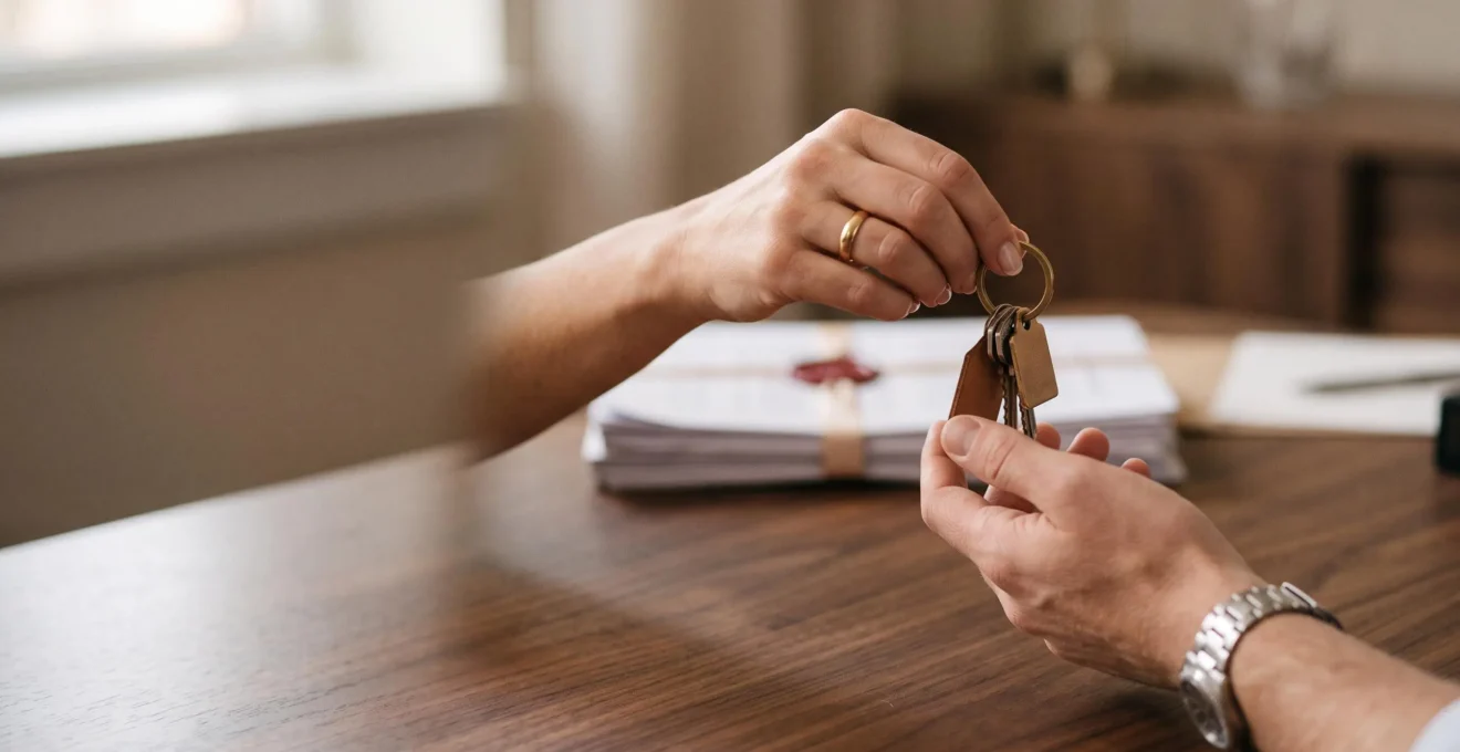 Remise symbolique des clés d'un bien immobilier scellant un transfert de propriété définitif devant notaire