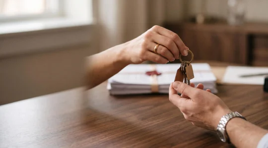 Remise symbolique des clés d'un bien immobilier scellant un transfert de propriété définitif devant notaire