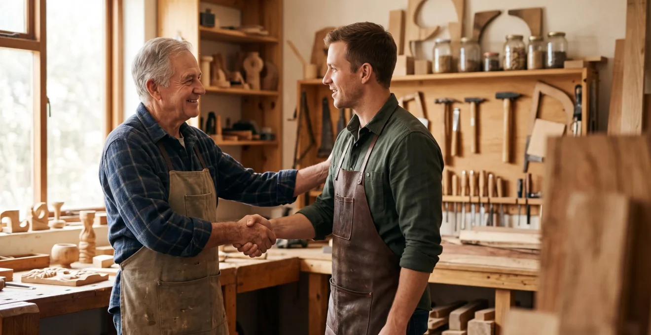 Deux générations se serrant la main dans un atelier familial, symbolisant la transmission d'une entreprise et l'anticipation des droits de succession