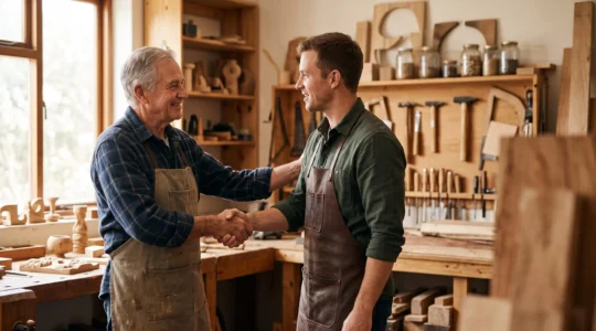 Deux générations se serrant la main dans un atelier familial, symbolisant la transmission d'une entreprise et l'anticipation des droits de succession