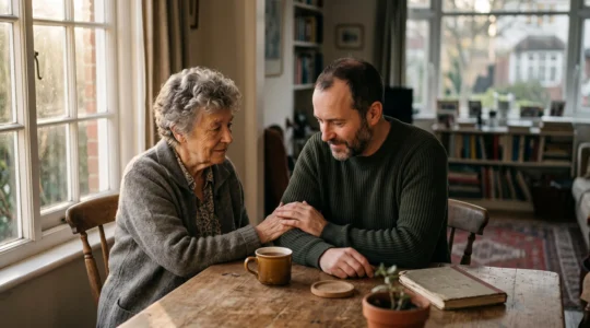 Deux générations d'une même famille assises ensemble dans un salon lumineux, symbolisant la transmission sereine d'un patrimoine