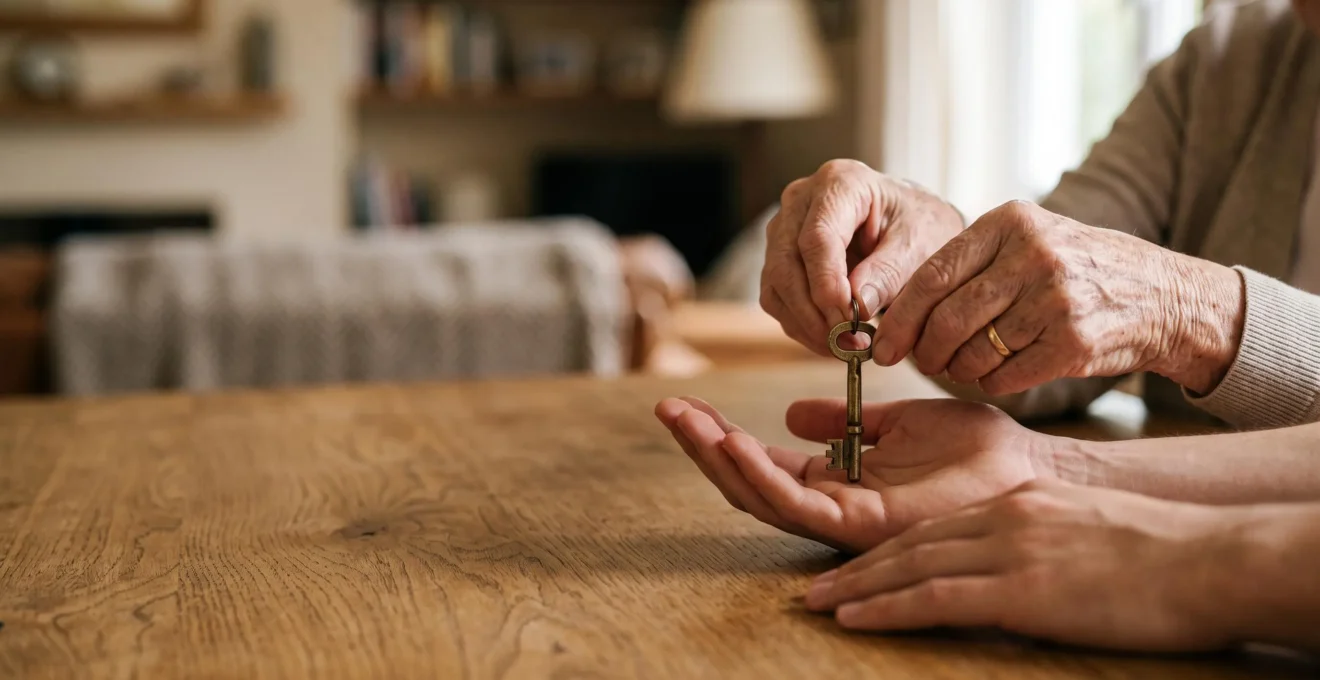Passation symbolique d'un trousseau de cles entre deux generations d'une meme famille, illustrant la transmission d'un patrimoine
