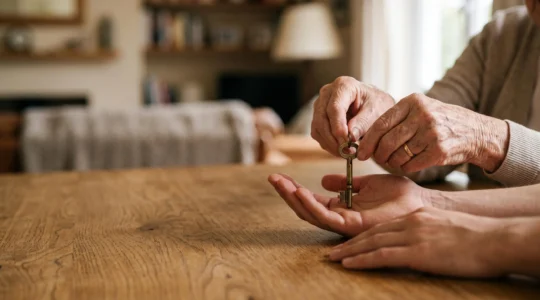 Passation symbolique d'un trousseau de cles entre deux generations d'une meme famille, illustrant la transmission d'un patrimoine
