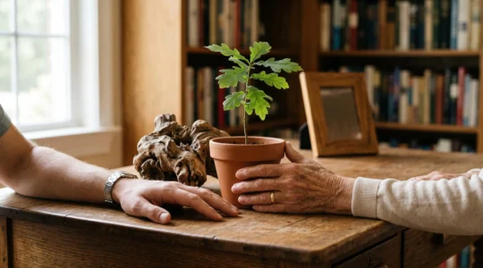 Deux mains de générations différentes posées sur un bureau en bois clair, symbolisant la transmission progressive d'un patrimoine familial