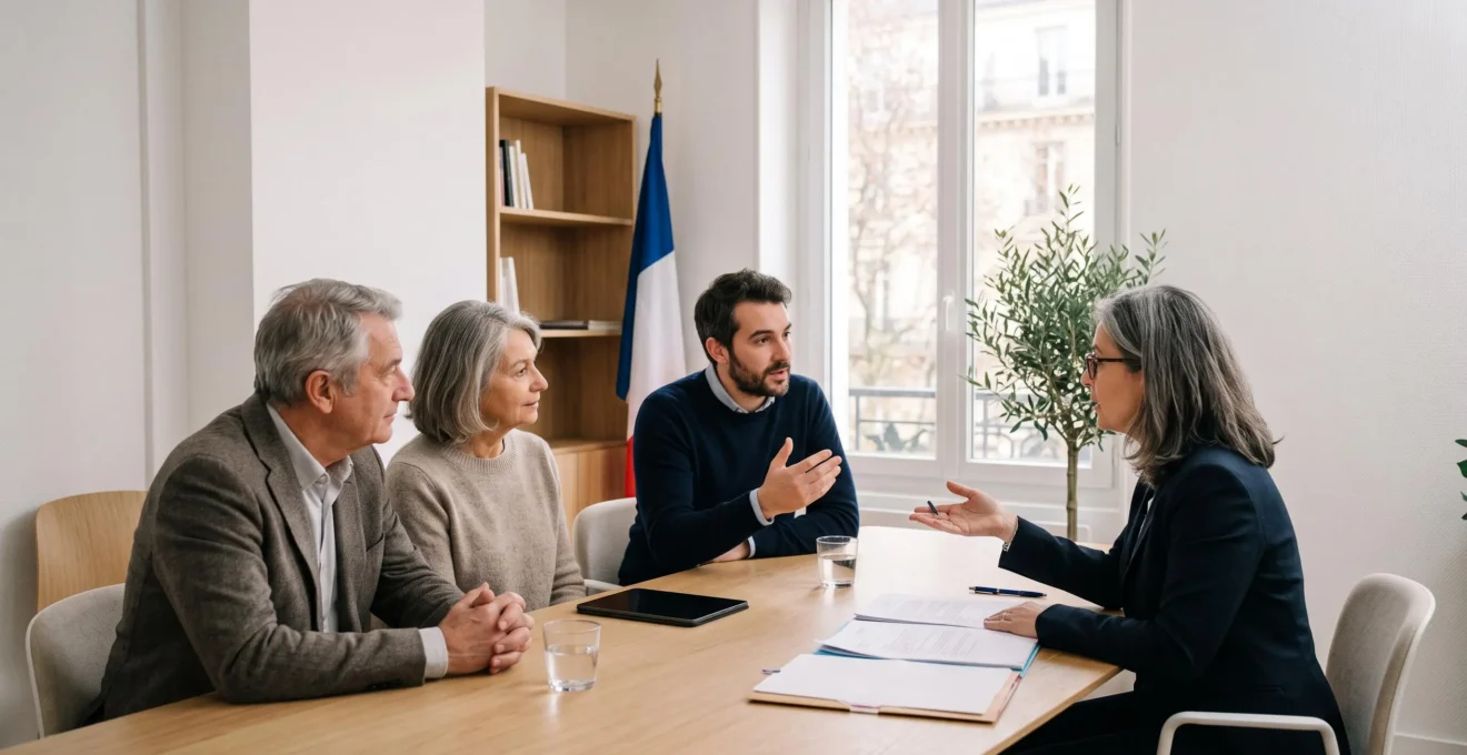 Consultation familiale avec un notaire dans une étude moderne, parents et enfant adulte en discussion autour d'une table