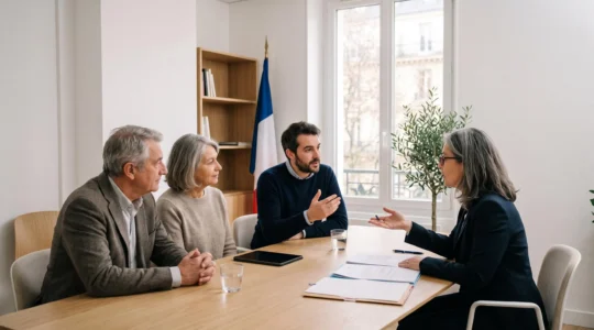 Consultation familiale avec un notaire dans une étude moderne, parents et enfant adulte en discussion autour d'une table