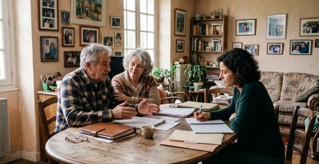 Couple de seniors avec leur fille adulte discutant de planification patrimoniale autour d'une table familiale