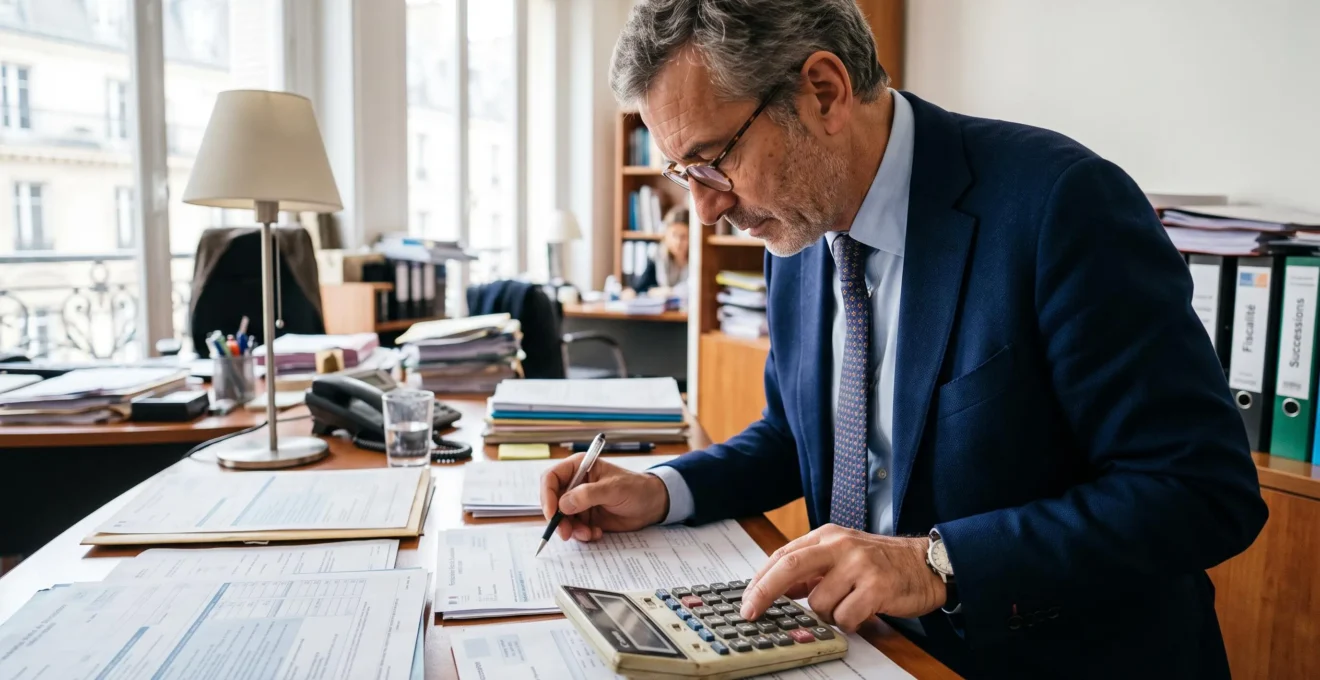 Professionnel du droit fiscal travaillant sur des calculs de droits de succession à son bureau
