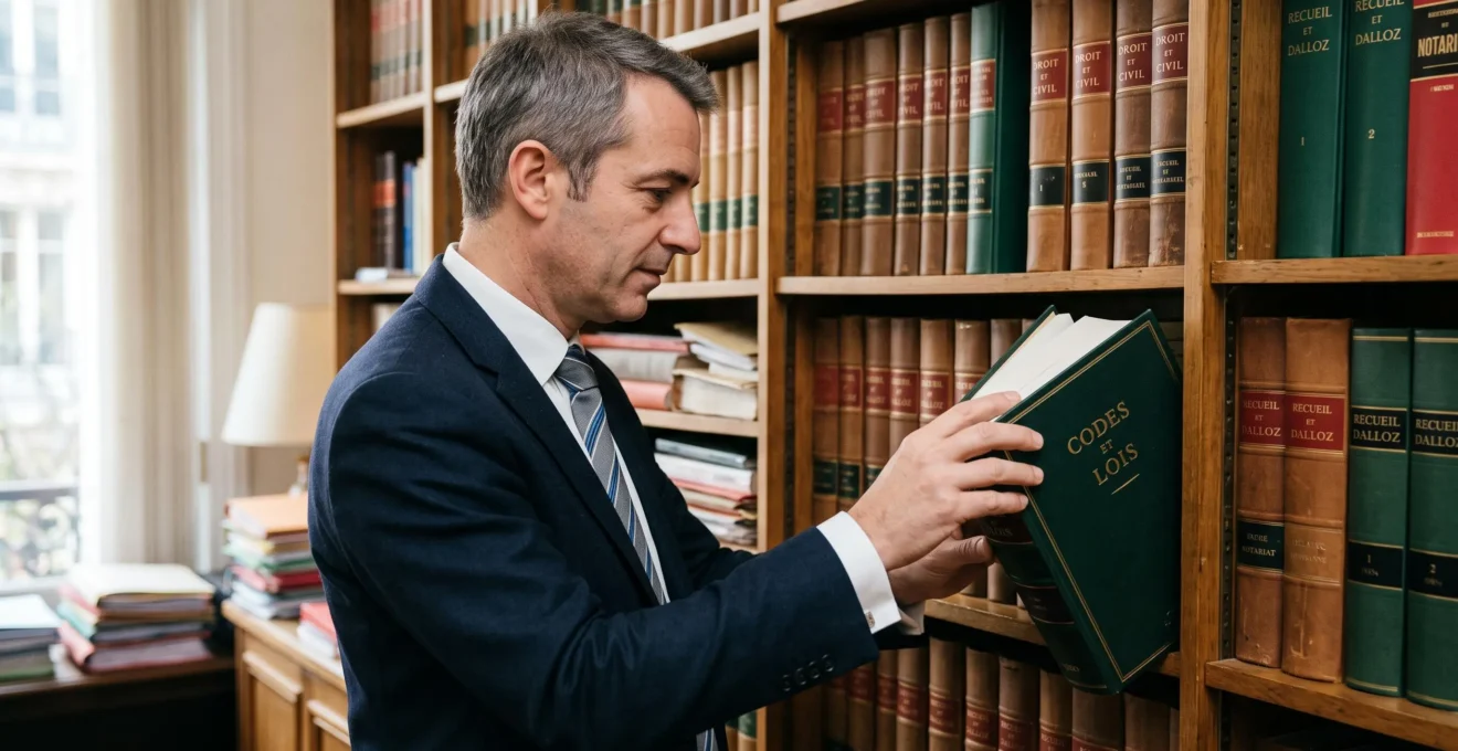 Notaire français consultant des ouvrages juridiques dans la bibliothèque de son étude professionnelle