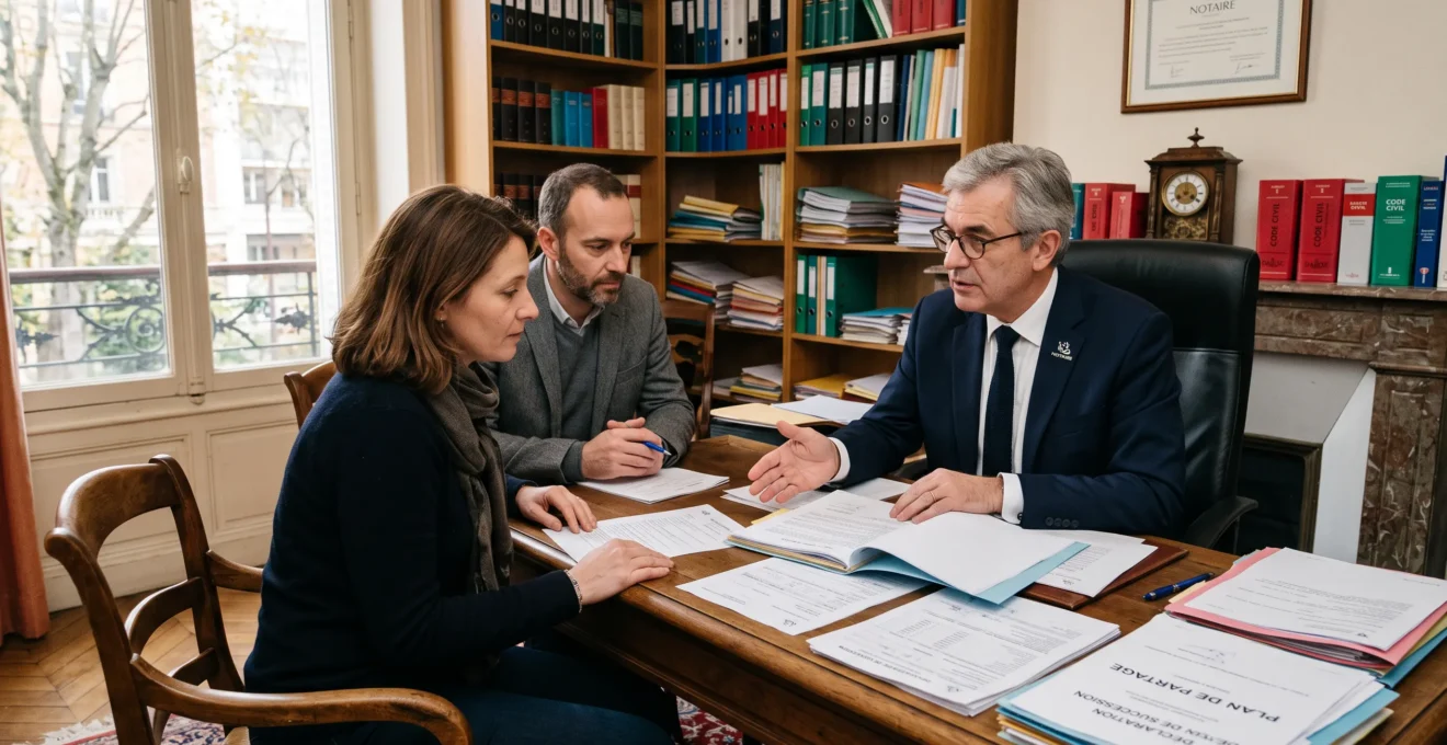 Notaire français en consultation avec deux héritiers adultes dans son étude, expliquant les documents de succession