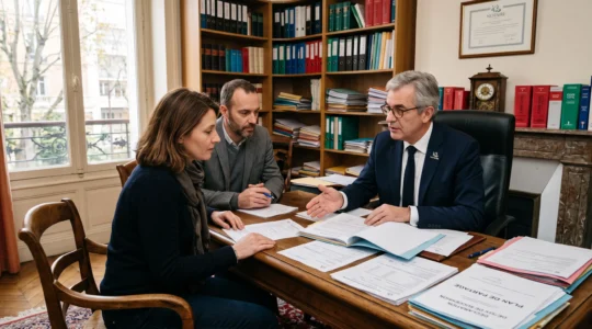 Notaire français en consultation avec deux héritiers adultes dans son étude, expliquant les documents de succession