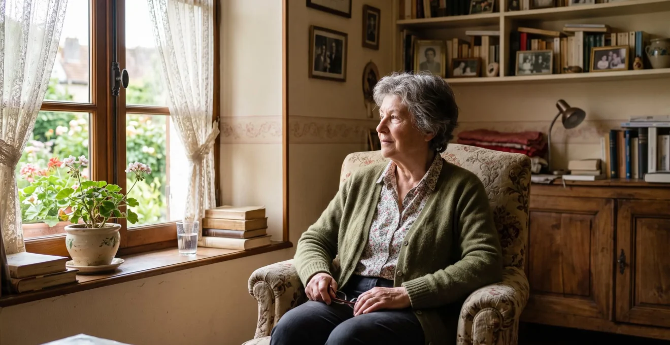 Senior français à domicile dans son salon près d'une fenêtre avec lumière naturelle
