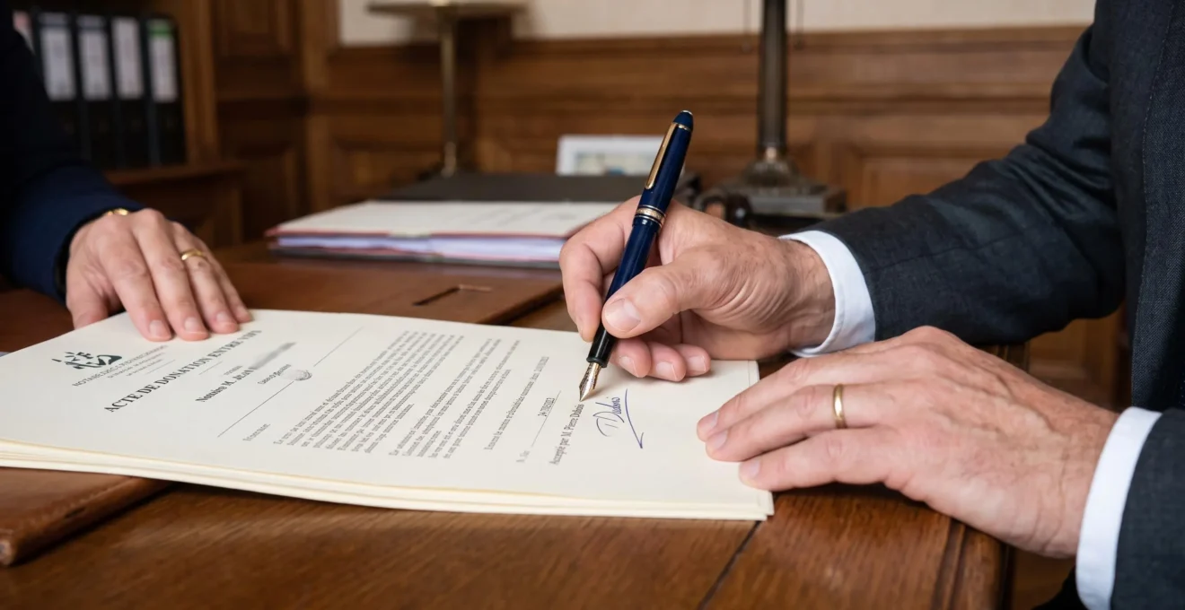 Main signant un acte notarié de donation ou de transmission patrimoniale sur un bureau de notaire